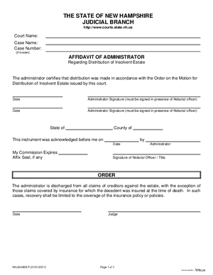 Thumbnail of New Hampshire Form Affidavit Of Administrator Regarding Distribution Of Insolvent Estate