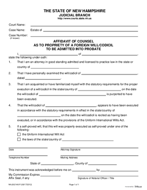 Thumbnail of New Hampshire Form Affidavit Of Counsel As To Propriety Of A Foreign Will/codicil To Be Admitted Into Probate