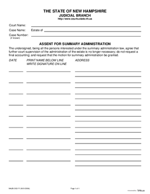 Thumbnail of New Hampshire Form Assent For Summary Administration