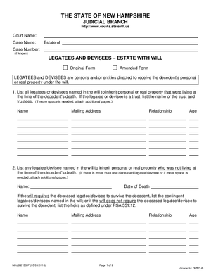 Thumbnail of New Hampshire Form Legatees And Devisees - Estate With Will