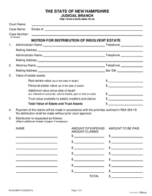 Thumbnail of New Hampshire Form Motion For Distribution Of Insolvent Estate
