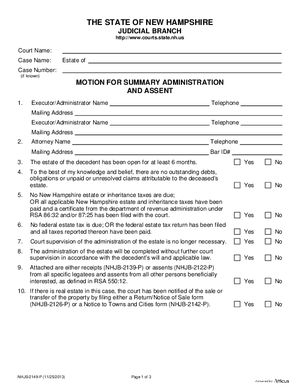 Thumbnail of New Hampshire Form Motion For Summary Administration And Assent