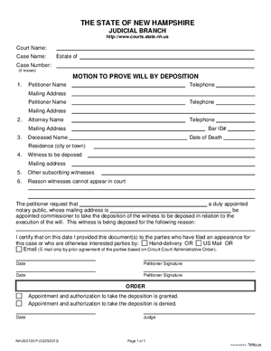 Thumbnail of New Hampshire Form Motion To Prove Will By Deposition