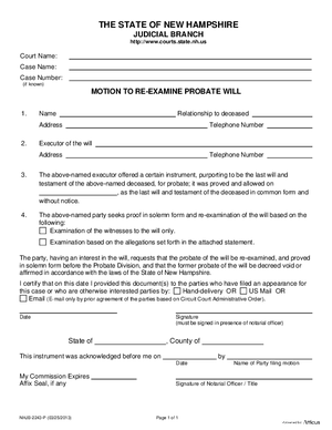 Thumbnail of New Hampshire Form Motion To Re-examine Probate Will