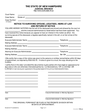 Thumbnail of New Hampshire Form Notice To Surviving Spouse, Legatees, Heirs At Law And Return Of Notice