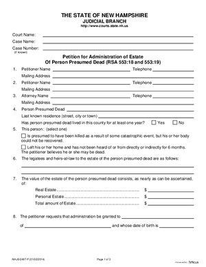 Thumbnail of New Hampshire Form Petition For Administration Of Estate Of Person Presumed Dead