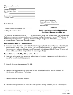Thumbnail of New Jersey Form Adult Guardianship - Report Of Court-appointed Counsel For The Alleged Incapacitated Person
