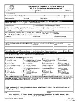 Thumbnail of New Jersey Form Application For Admission To Roster Of Mediators For Civil, General Equity And Probate Cases