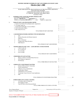 Thumbnail of New Jersey Form Monthly Report Of Probate Part And Surrogate Court Cases - Effective July 1, 2008