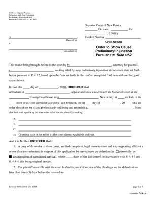 Thumbnail of New Jersey Form Order To Show Cause Preliminary Injunction Pursuant To Rule 4:52