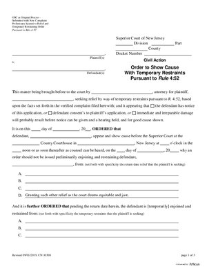 Thumbnail of New Jersey Form Order To Show Cause With Temporary Restraints Pursuant To Rule 4:52