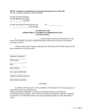 Thumbnail of New Mexico Form Acceptance Of Appointment As Personal Representative (No Will) (Will)