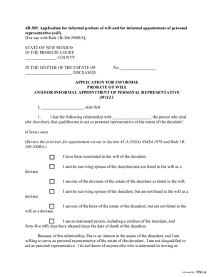 Thumbnail of New Mexico Form Application For Informal Probate Of Will And For Informal Appointment Of Personal Representative (Will)