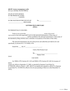 Thumbnail of New Mexico Form Letters Testamentary (Will)