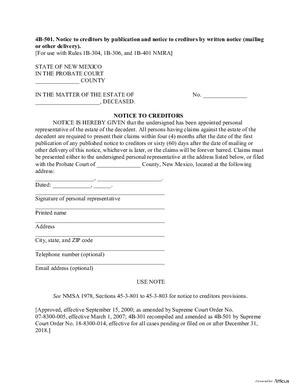 Thumbnail of New Mexico Form Notice To Creditors By Publication And Notice To Creditors By Written Notice (Mailing Or Other Delivery)