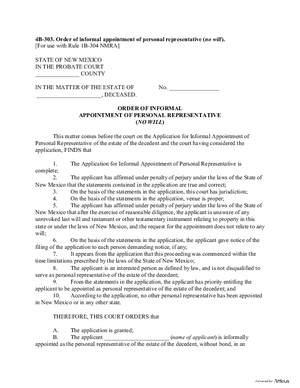 Thumbnail of New Mexico Form Order For Informal Appointment Of Personal Representative (No Will)