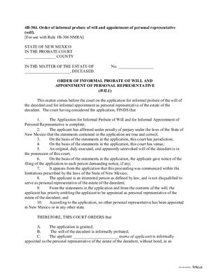 Thumbnail of New Mexico Form Order For Informal Probate Of Will And Appointment Of Personal Representative (Will)