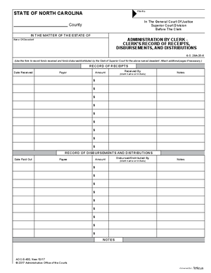 Thumbnail of North Carolina Form Administration By Clerk - Clerk's Record Of Receipts, Disbursements, And Distributions