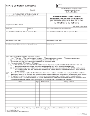 Thumbnail of North Carolina Form Affidavit For Collection Of Personal Property Of Decedent (For Decedents Dying On Or After Jan. 1, 2012)