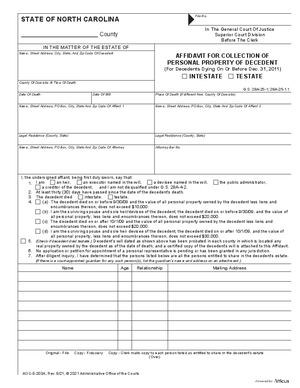 Thumbnail of North Carolina Form Affidavit For Collection Of Personal Property Of Decedent (For Decedents Dying On Or Before Dec. 31, 2011)