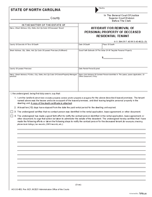 Thumbnail of North Carolina Form Affidavit For Removal Of Personal Property Of Deceased Residential Tenant