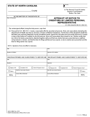 Thumbnail of North Carolina Form Affidavit Of Notice To Creditors By Limited Personal Representative