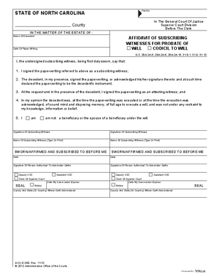 Thumbnail of North Carolina Form Affidavit Of Subscribing Witnesses For Probate Of Will/codicil To Will; Affidavit Of Notary Serving As Attesting Witness For Pro