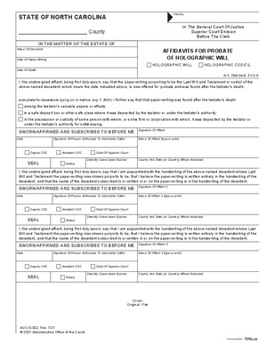 Thumbnail of North Carolina Form Affidavits For Probate Of Holographic Will