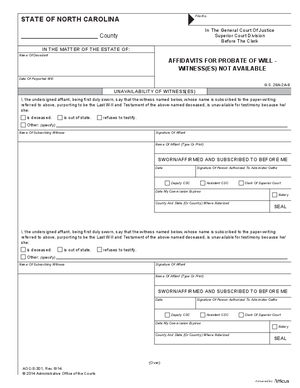 Thumbnail of North Carolina Form Affidavits For Probate Of Will - Witness(es) Not Available