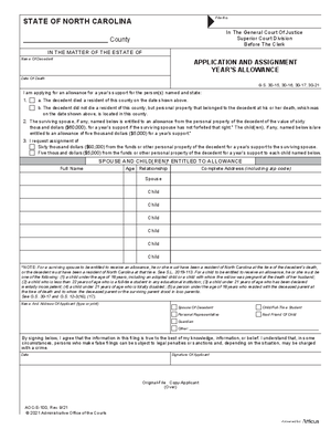 Thumbnail of North Carolina Form Application And Assignment Year's Allowance