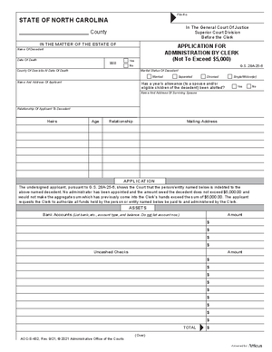 Thumbnail of North Carolina Form Application For Administration By Clerk (Not To Exceed $5,000)