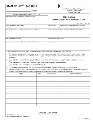 Thumbnail of North Carolina Form Application For Letters Of Administration