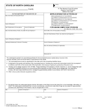 Thumbnail of North Carolina Form Application For Letters Of Guardianship For An Incompetent Person