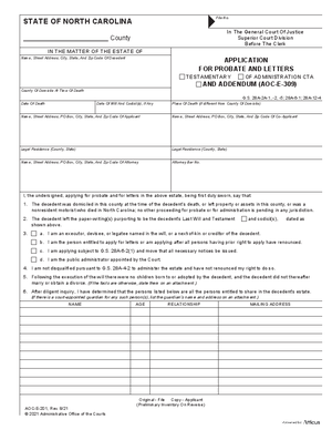 Thumbnail of North Carolina Form Application For Probate And Letters Testamentary/of Administration Cta; Instructions For Preliminary Inventory For Probate And L