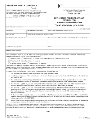 Thumbnail of North Carolina Form Application For Probate And Petition For Summary Administration