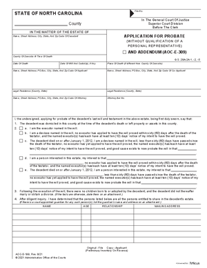 Thumbnail of North Carolina Form Application For Probate (Without Qualification Of A Personal Representative)