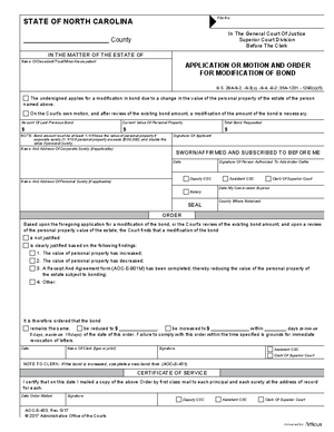 Thumbnail of North Carolina Form Application Or Motion And Order For Modification Of Bond