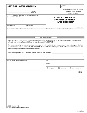 Thumbnail of North Carolina Form Authorization For Payment Of Money Owed Decedent