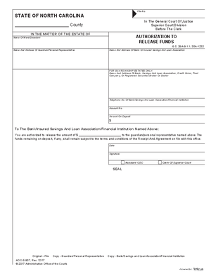 Thumbnail of North Carolina Form Authorization To Release Funds