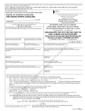 Thumbnail of North Carolina Form Bản Khai Hữu Thế Yêu Cầu Thu Thập Tài Sản Cá Nhân Của Người Đã Mất (Dùng Cho Các Trường Hợp Người Đã Mất Qua ĐờI Vào Hoặc Sau Ng