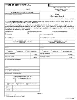 Thumbnail of North Carolina Form Bond (Corporate Surety); Bond (Personal Sureties)