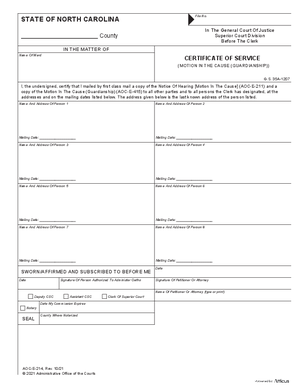 Thumbnail of North Carolina Form Certificate Of Service (Motion In The Cause (Guardianship))