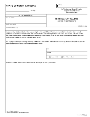 Thumbnail of North Carolina Form Certificate Of Validity (Living Probate Only)
