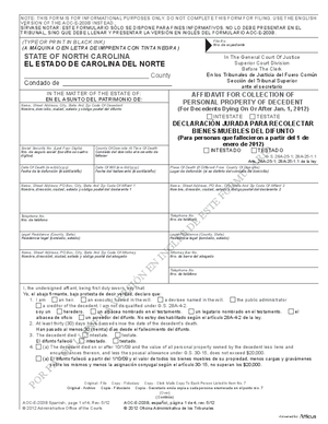 Thumbnail of North Carolina Form Declaración Jurada Para Recolectar Biened Muebles Del Difunto (Para Personas Que Fallecieron A Partir Del 1 De Enero De 2012)