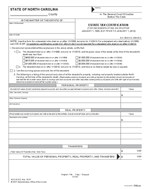 Thumbnail of North Carolina Form Estate Tax Certification (For Decedents Dying On Or After 1/1/99)