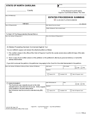 Thumbnail of North Carolina Form Estates Proceedings Summons
