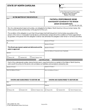 Thumbnail of North Carolina Form Faithful Performance Bond - Non-resident Guardian Of The Person (Minor Or Incompetent)
