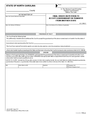Thumbnail of North Carolina Form Final Order On Petition To Accept Guardianship On Transfer From Another State