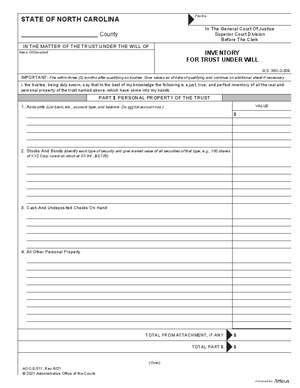 Thumbnail of North Carolina Form Inventory For Trust Under Will