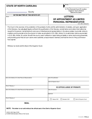 Thumbnail of North Carolina Form Letters Of Appointment As Limited Personal Representative